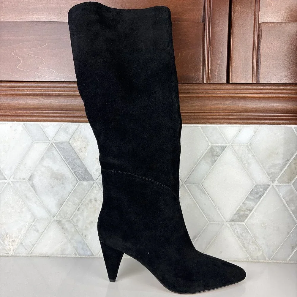7.5 Tall Knee High Boot Black Leather Suede Cone Heel Pointed Toe Zip Bryle